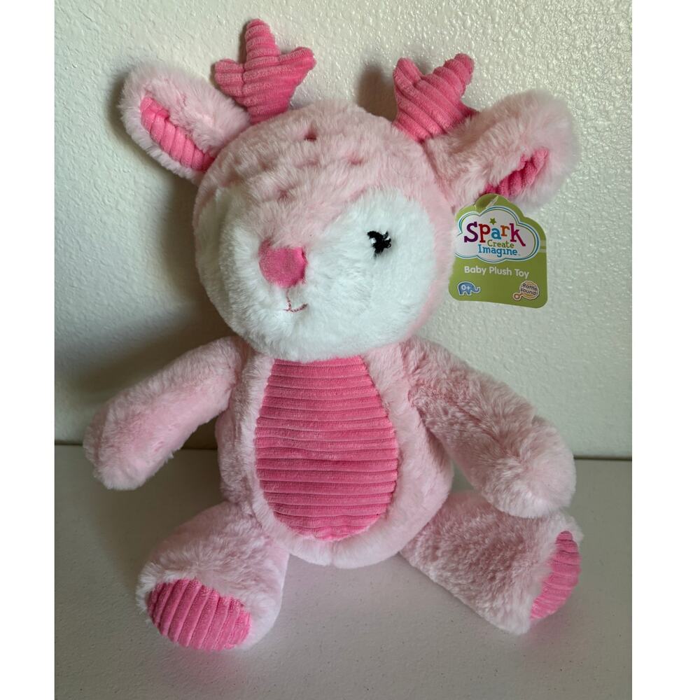 Spark Create Imagine NWT Pink Reindeer Baby Plush Toy Rattle Stuffed Animal 12"